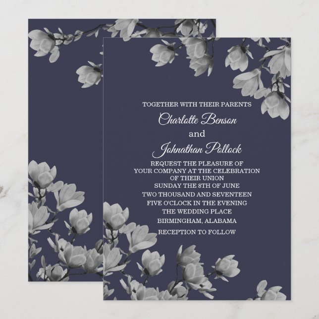 Southern Gray Magnolias & Midnight Blue Wedding Invitation (Front/Back)
