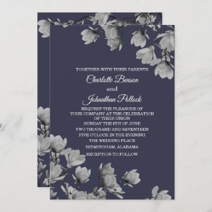 Southern Gray Magnolias & Midnight Blue Wedding Invitation