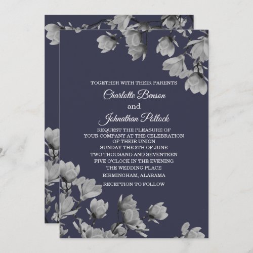Southern Gray Magnolias  Midnight Blue Wedding Invitation