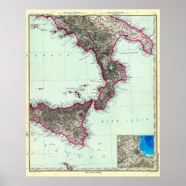 Southern Italy and Malta Map (1891) Poster (Front)