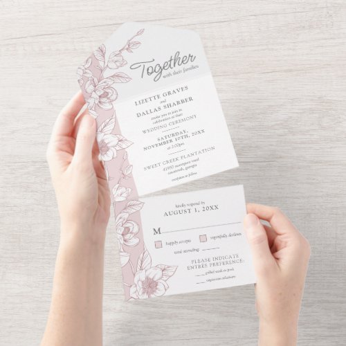 Southern Magnolia Blossom Blush Floral Wedding All In One Invitation