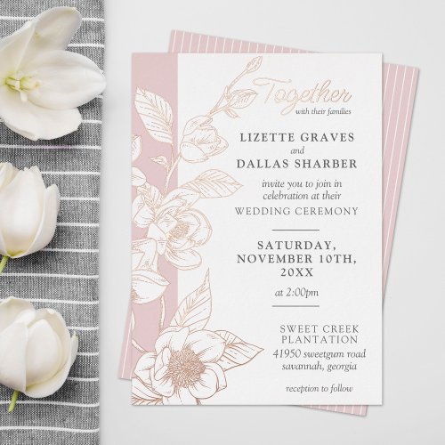 Southern Magnolia Blossom Blush Floral Wedding Foil Invitation