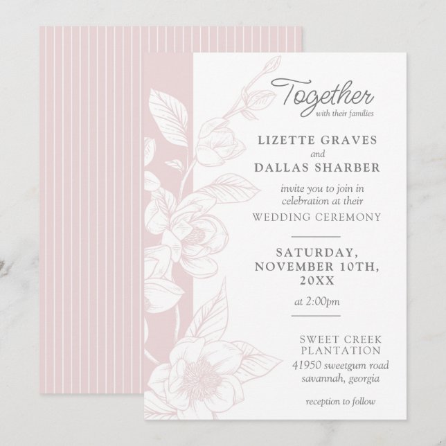 Southern Magnolia Blossom Blush Floral Wedding Invitation (Front/Back)