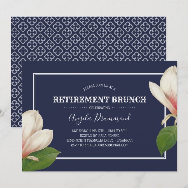 Southern Magnolia Blue Retirement Brunch Invitation (Front/Back)