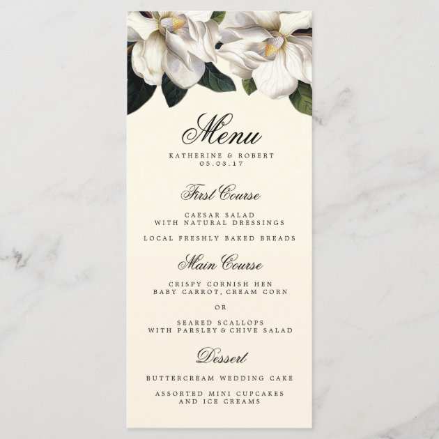 Southern Magnolia Botanical Wedding Menu Card