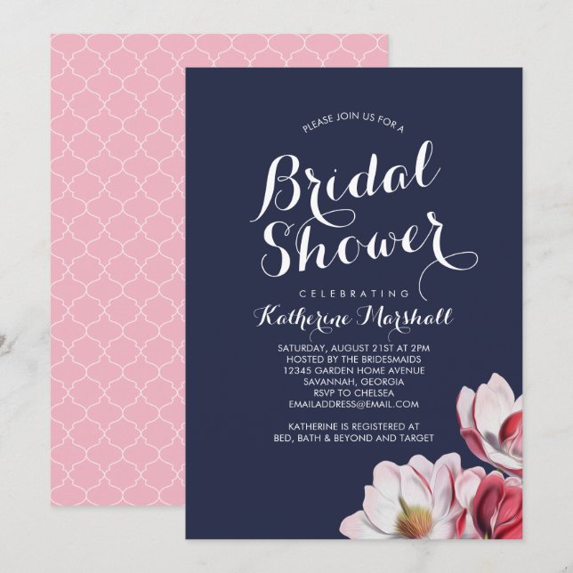 Southern Magnolia Bridal Shower Midnight Blue Invitation (Front/Back)