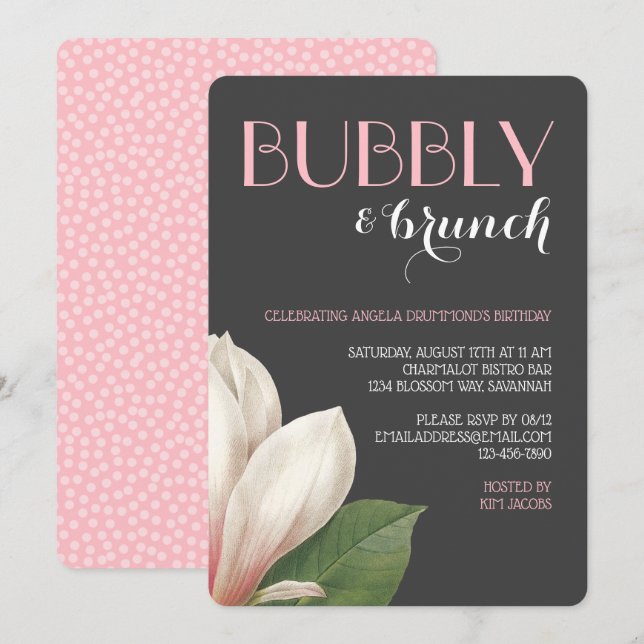 Southern Magnolia Bubbly Brunch | Grey Ivory Black Invitation (Front/Back)