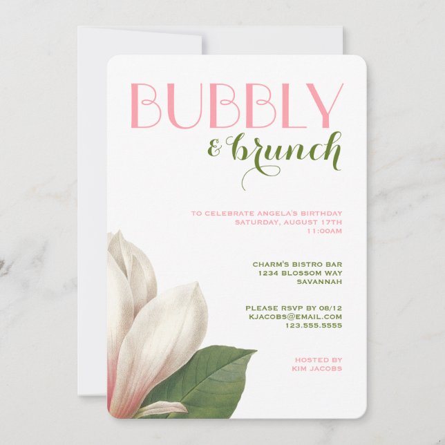 Southern Magnolia Bubbly Brunch | Pink Green White Invitation (Front)