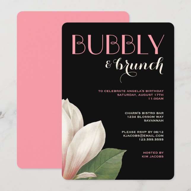 Southern Magnolia Bubbly Brunch | Pink Ivory Black Invitation (Front/Back)