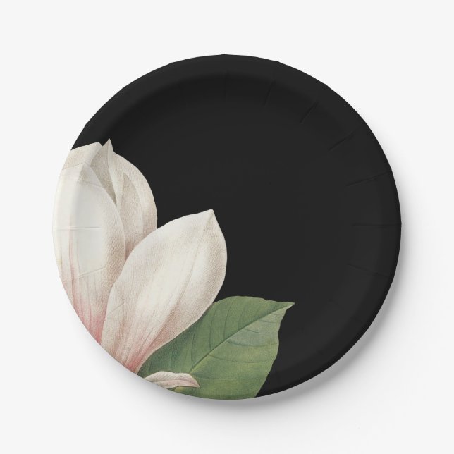 Southern Magnolia Flower | Elegant Black Paper Plates (Front)