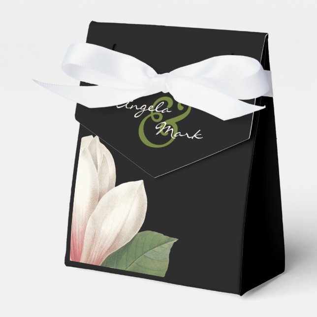 Southern Magnolia Flower Wedding | Elegant Black Favor Boxes (Front Side)