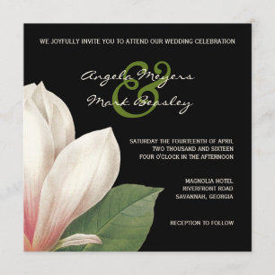 Southern Magnolia Flower Wedding Elegant Black Invitation
