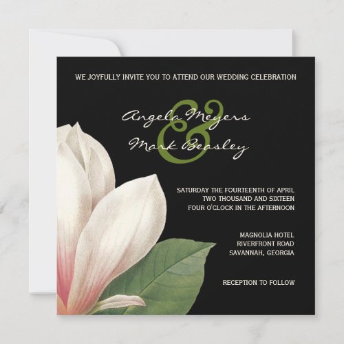 Southern Magnolia Flower Wedding  Elegant Black Invitation