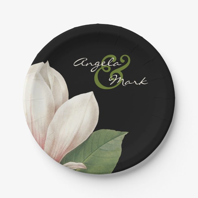 Southern Magnolia Flower Wedding | Elegant Black Paper Plates (Front)