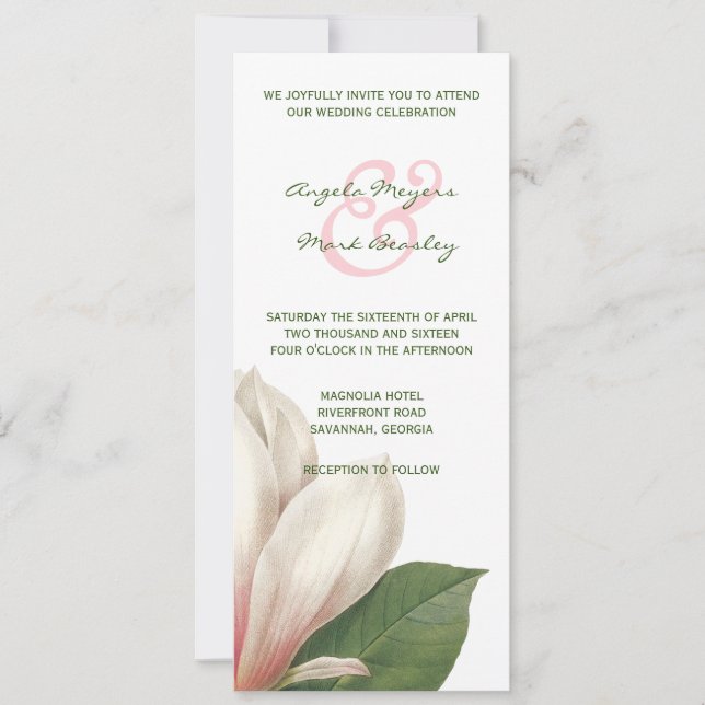 Southern Magnolia Flower Wedding | Pink and White Invitation (Front)