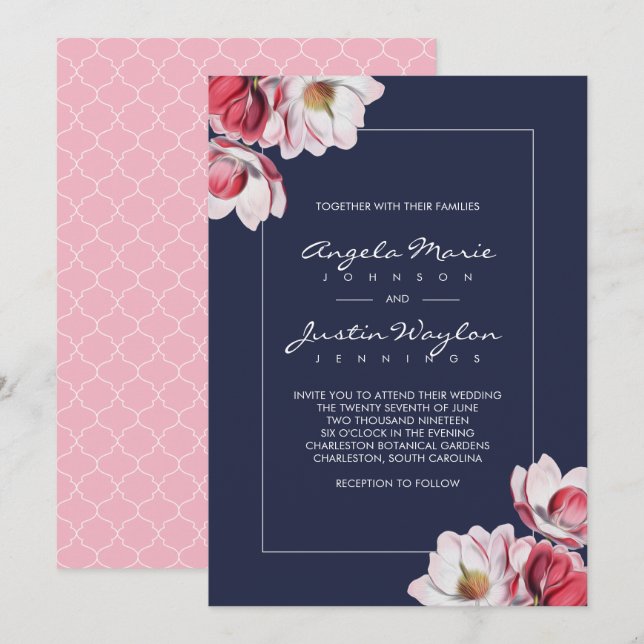 Southern Magnolia Wedding Pink and Blue Invitation (Front/Back)