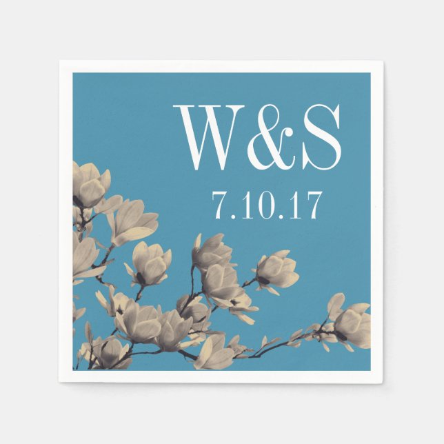 Southern Magnolias & Blue Wedding Napkins (Front)