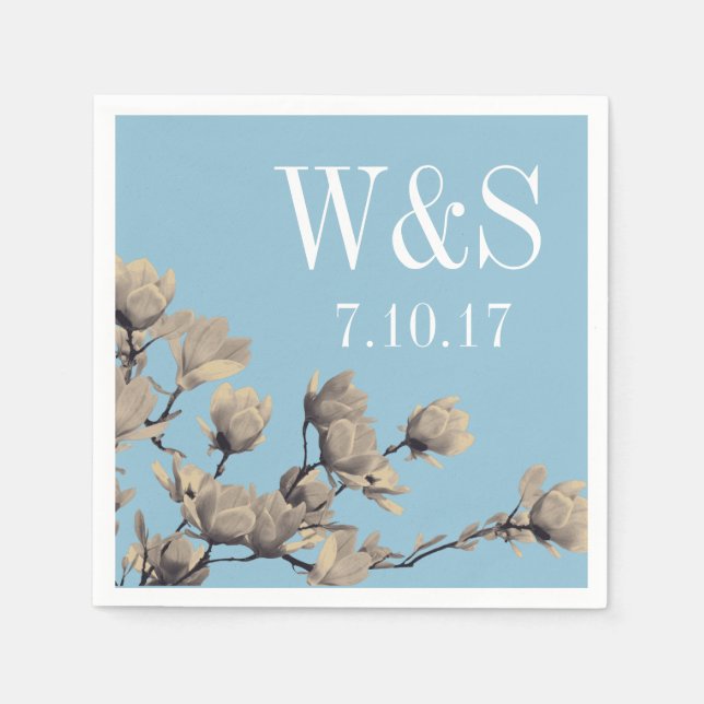Southern Magnolias & Light Blue Wedding Napkins (Front)