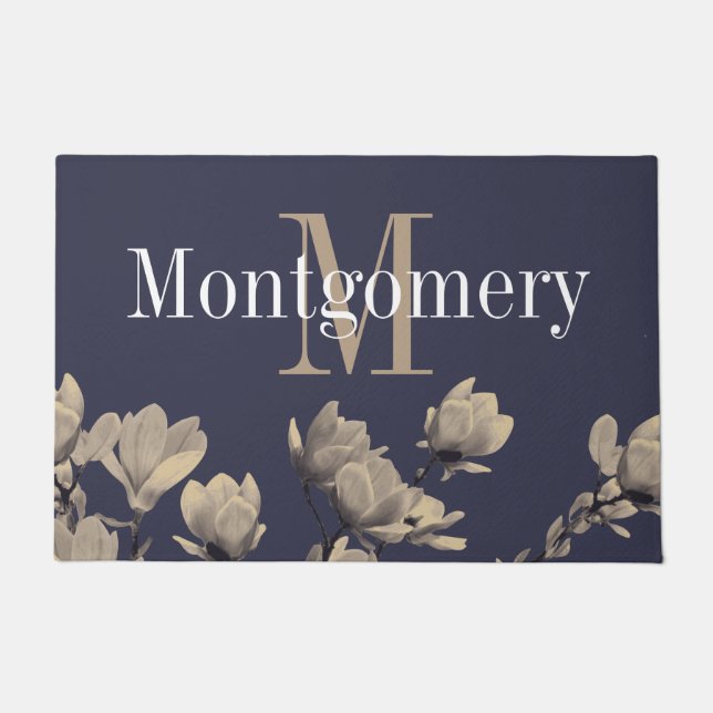 Southern Magnolias & Midnight Blue Family Name Doormat (Front)