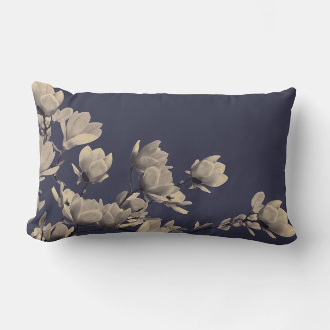 Southern Magnolias & Midnight Blue Lumbar Pillow (Front)