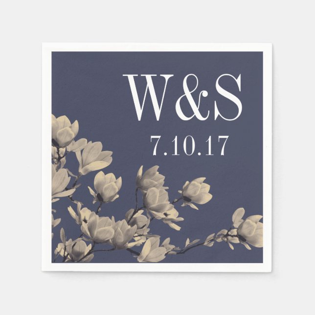 Southern Magnolias & Midnight Blue Wedding Napkins (Front)