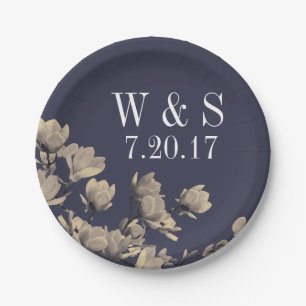Southern Magnolias & Midnight Blue Wedding Paper Plates