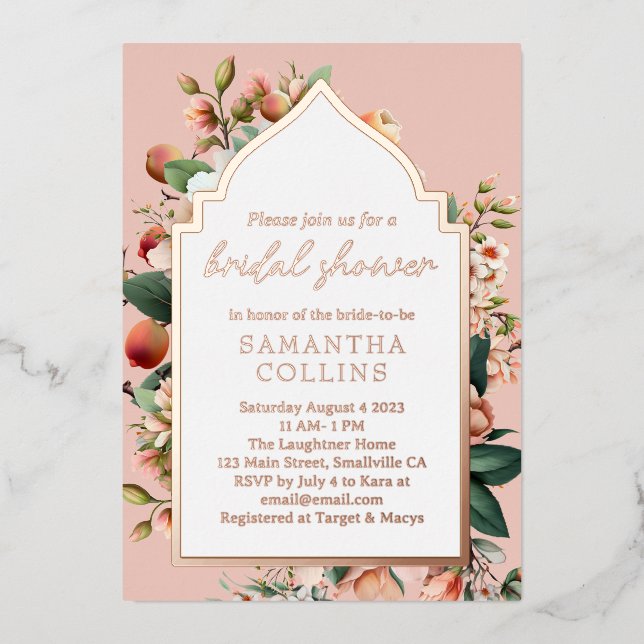 Southern Peach Botanical Bridal Shower Foil Invitation (Front)