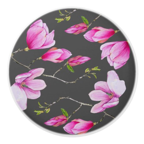 Southern Pink Magnolias  Gray Ceramic Knob
