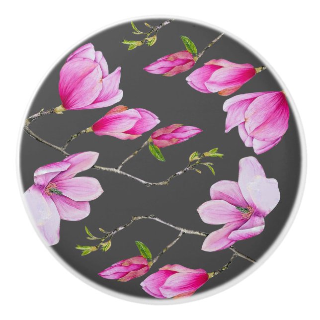 Southern Pink Magnolias & Gray Ceramic Knob (Front)