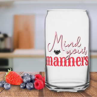 Southern Quote Mind Your Manners Pink Red Monogram Can Glass