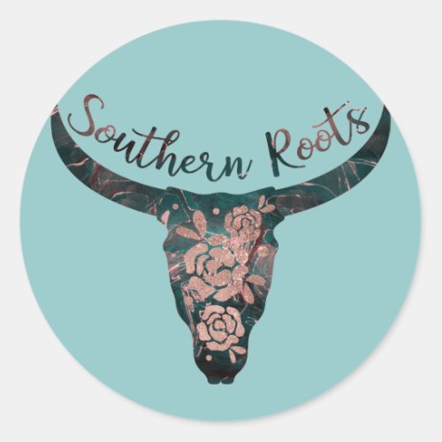 Southern Roots Country Longhorn Pink Rose  Green Classic Round Sticker