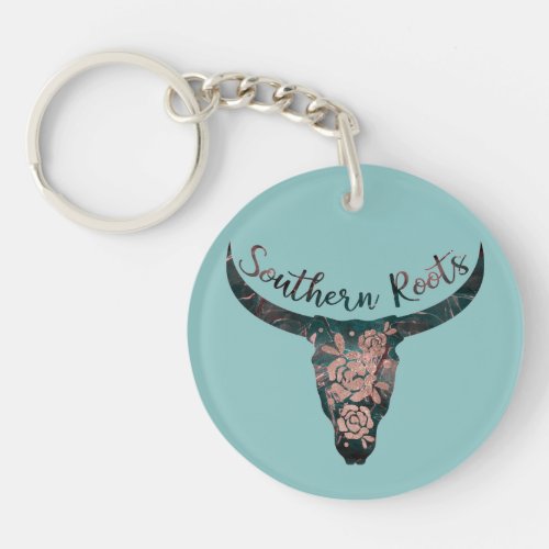 Southern Roots Country Longhorn Pink Rose  Green Keychain