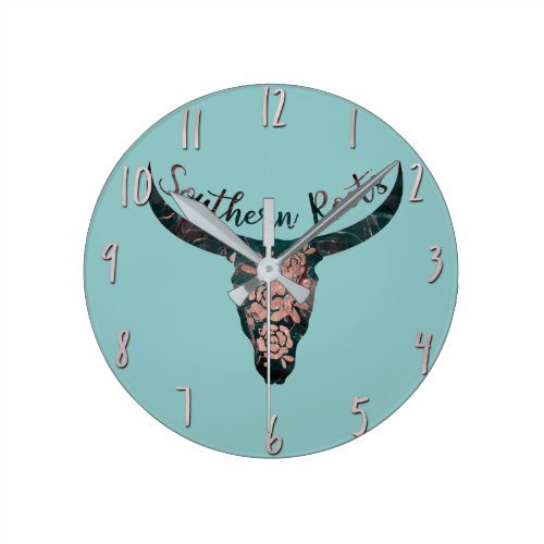 Southern Roots Country Longhorn Pink Rose & Green Round Clock