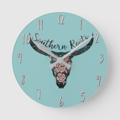 Southern Roots Country Longhorn Pink Rose  Green Round Clock