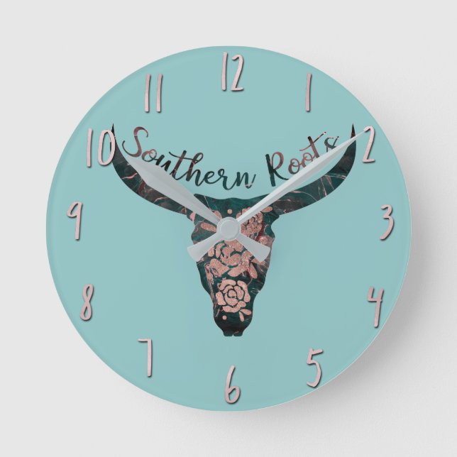 Southern Roots Country Longhorn Pink Rose & Green Round Clock (Front)