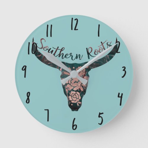 Southern Roots Country Longhorn Pink Rose  Green Round Clock