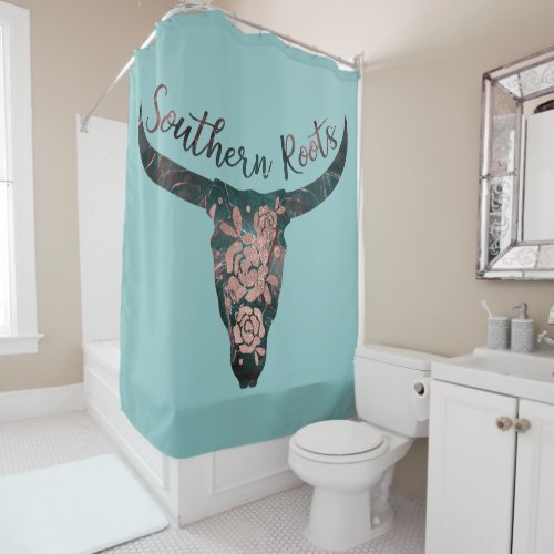Southern Roots Country Longhorn Pink Rose  Green Shower Curtain