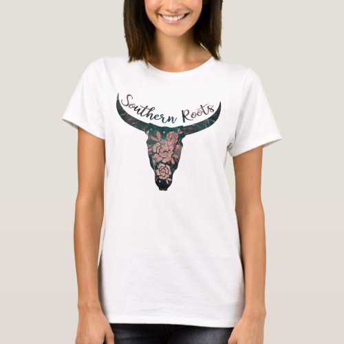 Southern Roots Country Longhorn Pink Rose  Green T_Shirt
