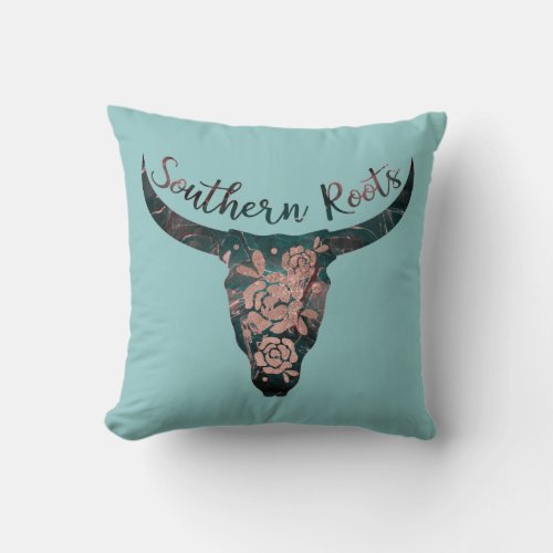 Southern Roots Country Longhorn Pink Rose  Green Throw Pillow