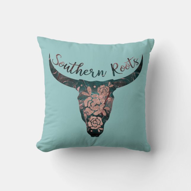 Southern Roots Country Longhorn Pink Rose & Green Throw Pillow (Front)