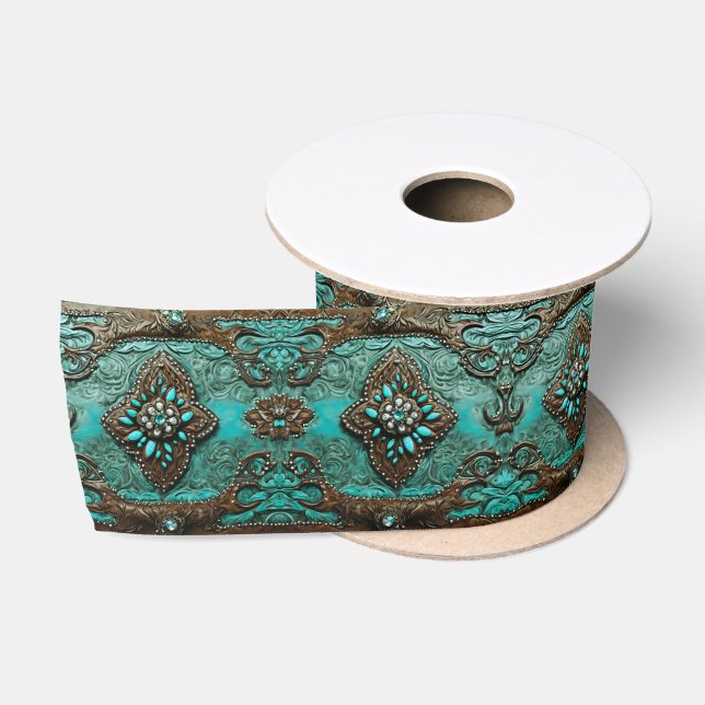 Southern Turquoise Brown Western Country Floral Satin Ribbon (Spool)