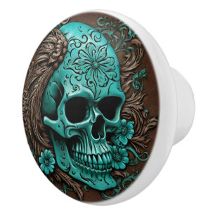 Southern Turquoise Western Country Floral Skull Ceramic Knob