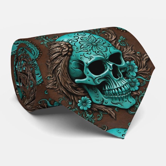 Southern Turquoise Western Country Floral Skull Neck Tie (Rolled)