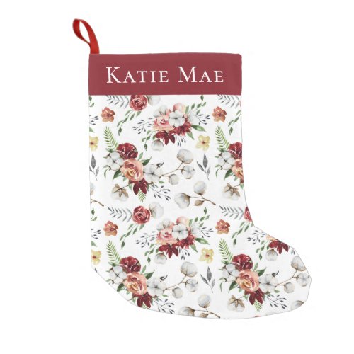 Southern Watercolor Floral  Cotton Custom Name Small Christmas Stocking