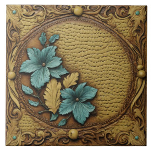 Southern Western Country Beige Turquoise Floral Ceramic Tile