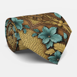 Southern Western Country Beige Turquoise Floral Neck Tie