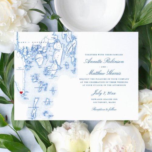 Southport Boothbay Harbor Maine Navy Map Wedding Invitation