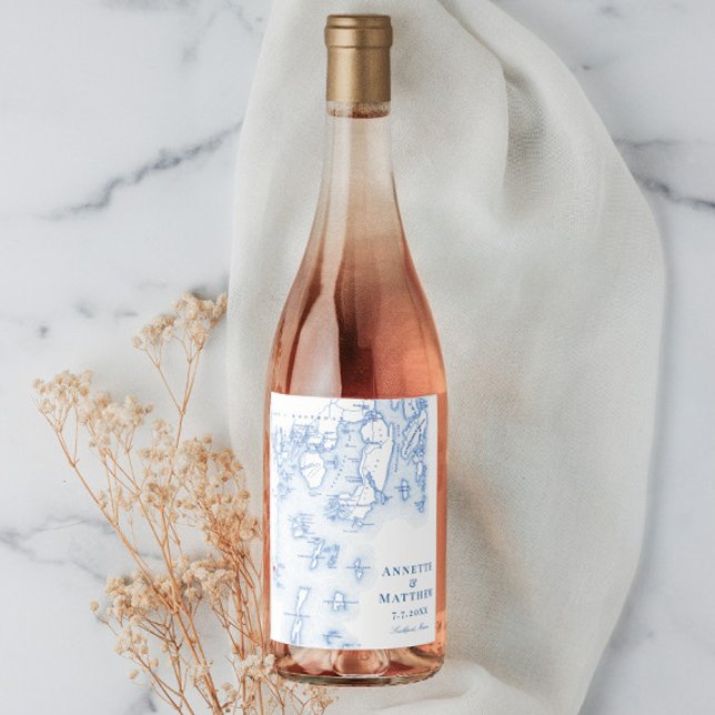 Southport Boothbay Harbor Map Elegant Navy Wedding Wine Label (Creator Uploaded)