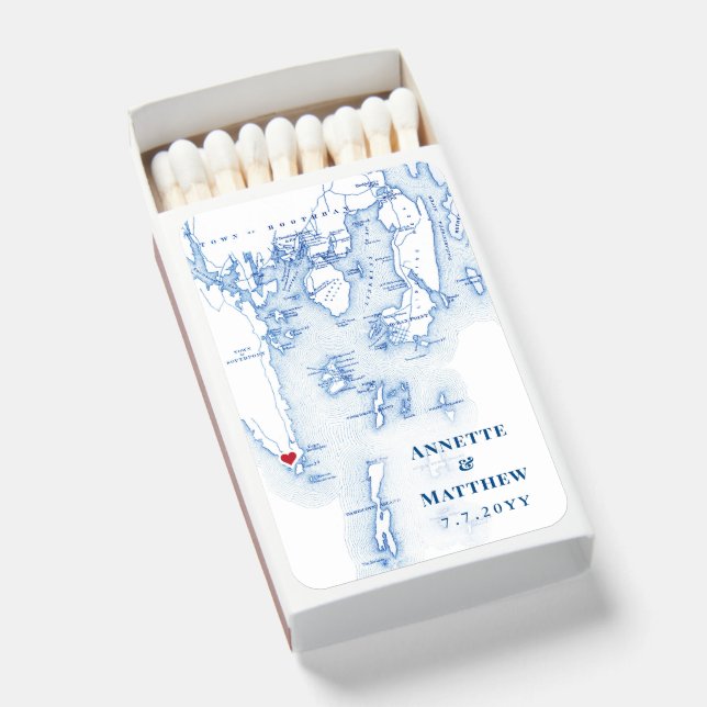 Southport Boothbay Maine Map Elegant Navy Wedding Matchboxes (Front Open)