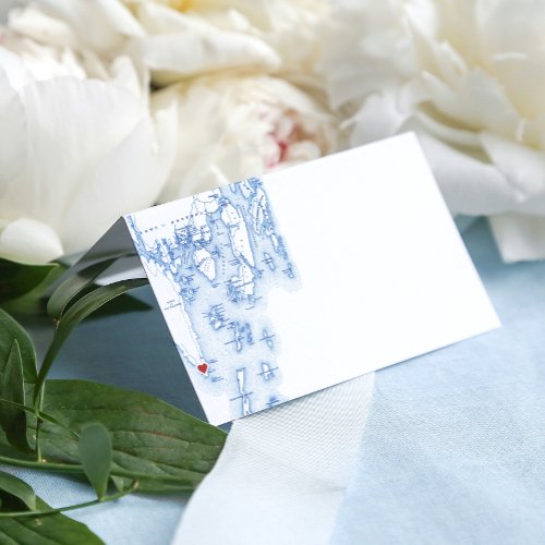 Southport Maine Map Blue Folded Wedding Place Card